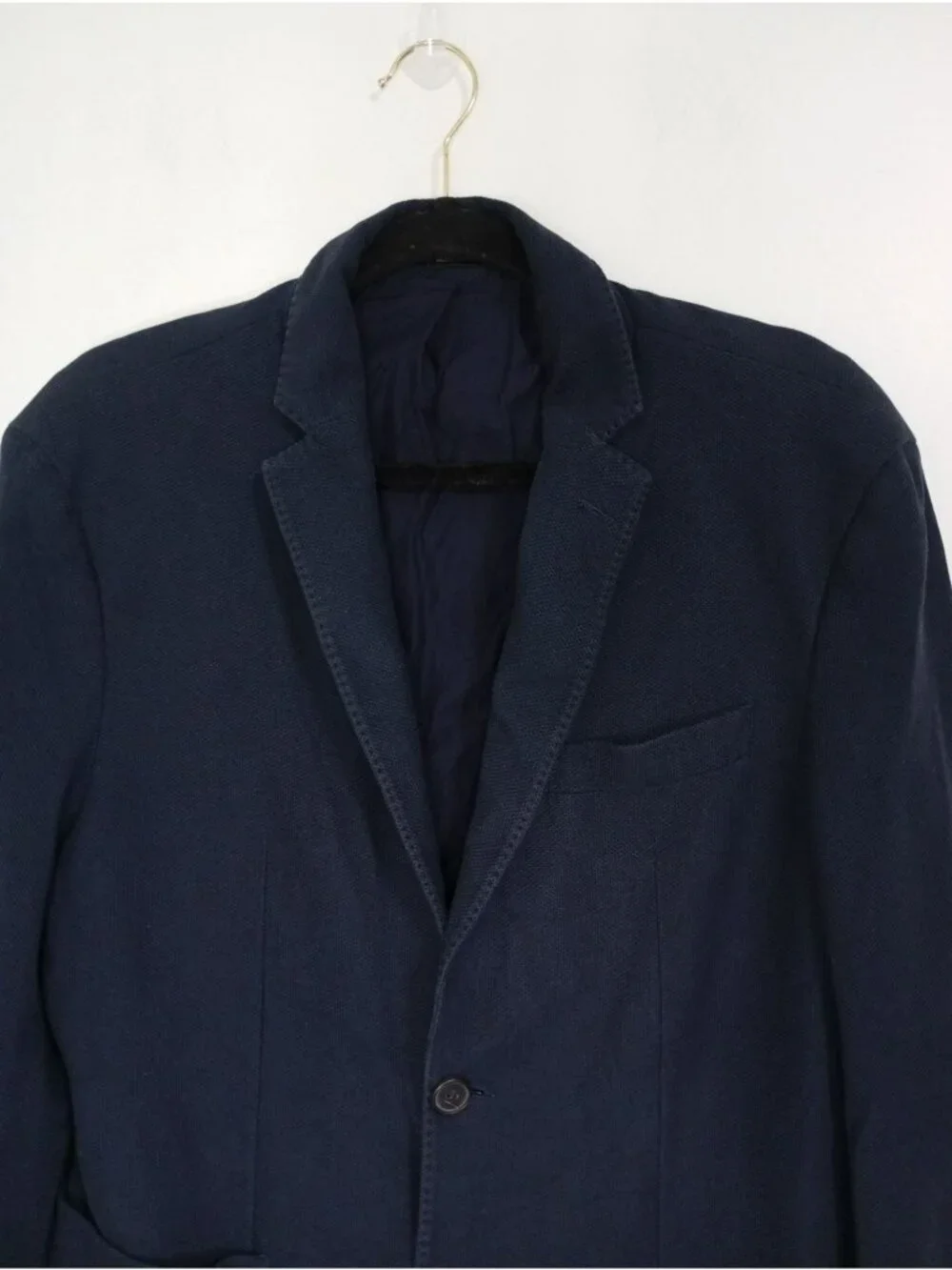 Massimo Dutti Men's Navy Blue Cotton Blazer With Notch Lapel & Button Closure